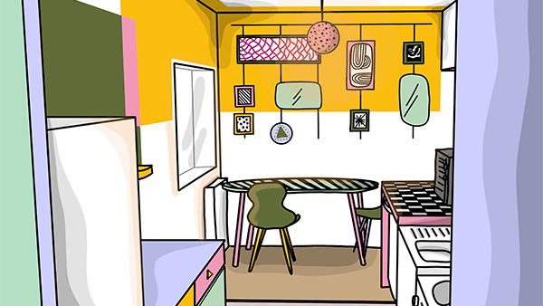 exemple de croquis de cuisine à la Memphis Design